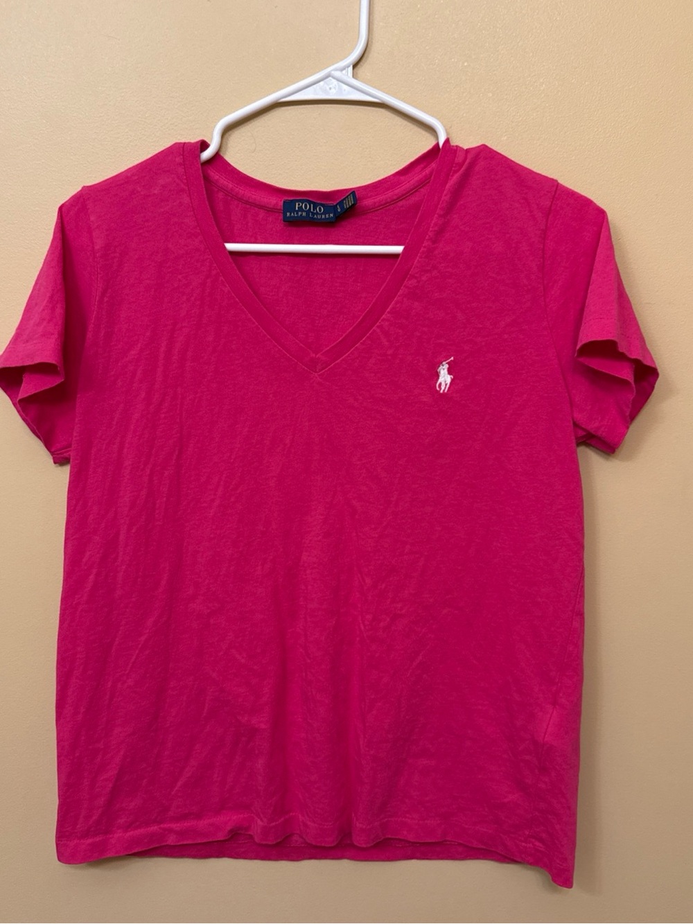 Ralph Lauren Women's V-Neck Tee in Bright Pink with Embroidered Pony - Picture 2 of 7